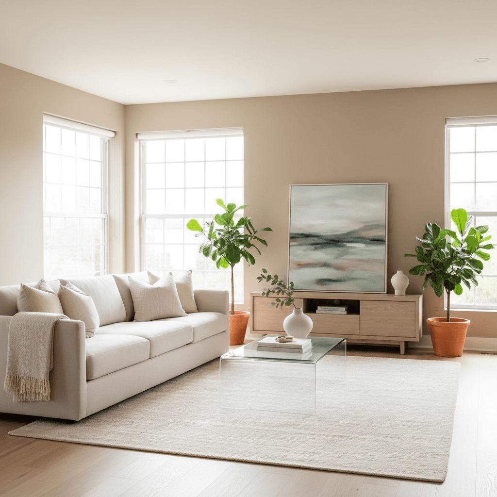 Bright living room with fluffed pillows and a clear coffee table