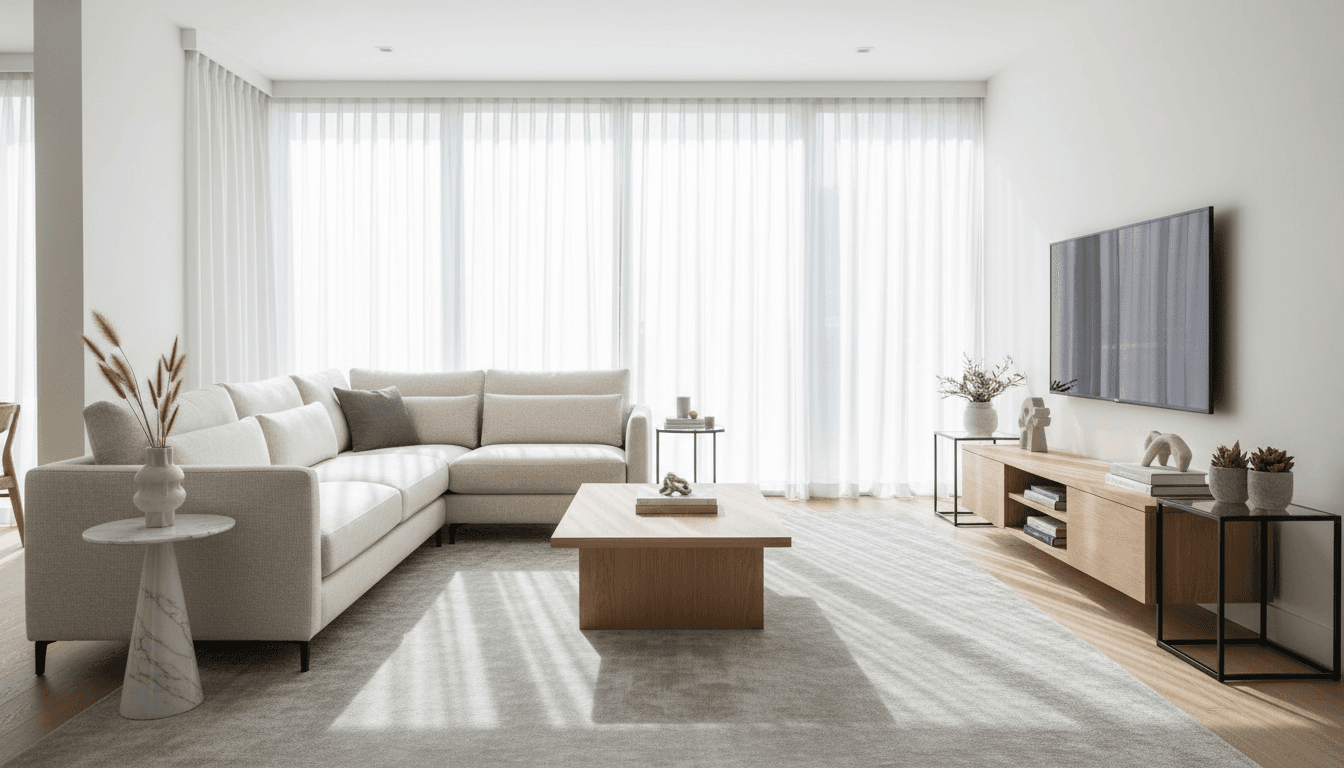 Neatly cleaned living room with gray sofa