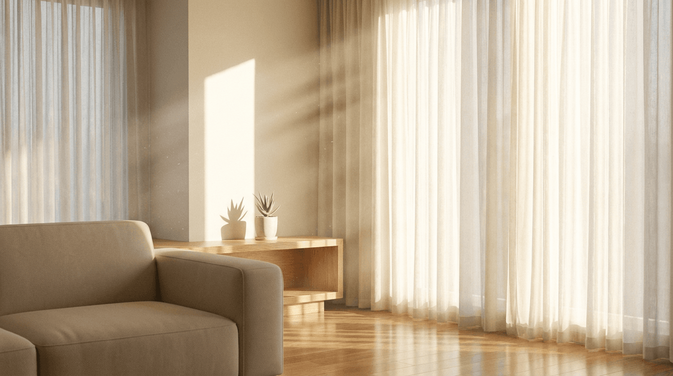 Sunlit spotless living room with white sofa and gleaming wood floors