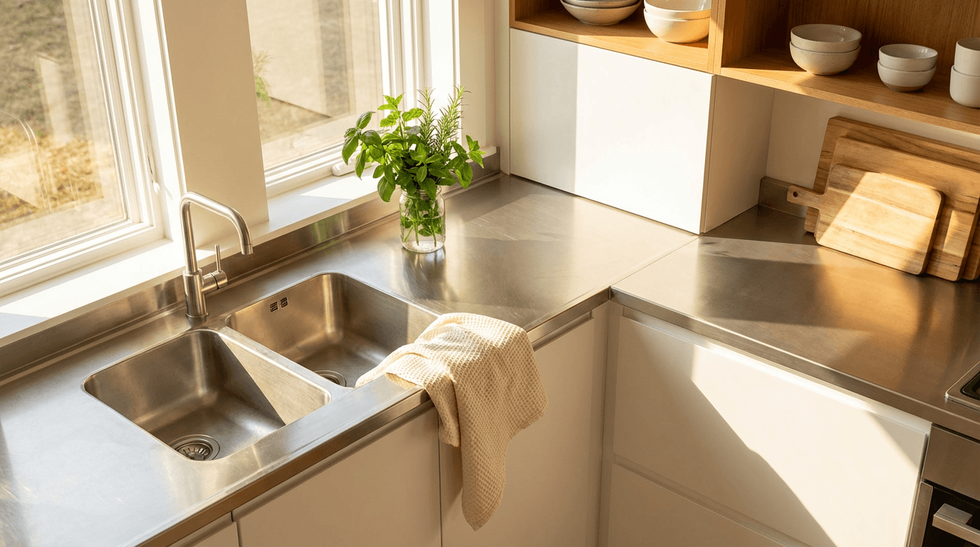 Bright, spotless kitchen with cleaning supplies on the counter