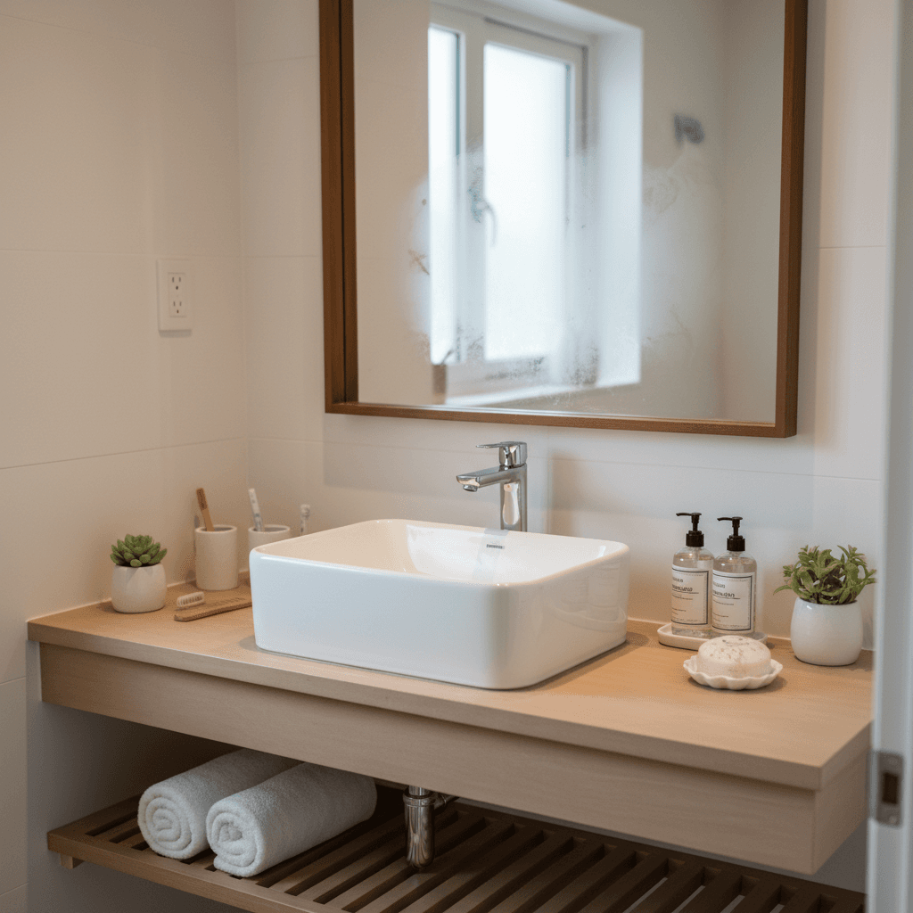 Clean bathroom vanity with rolled towels