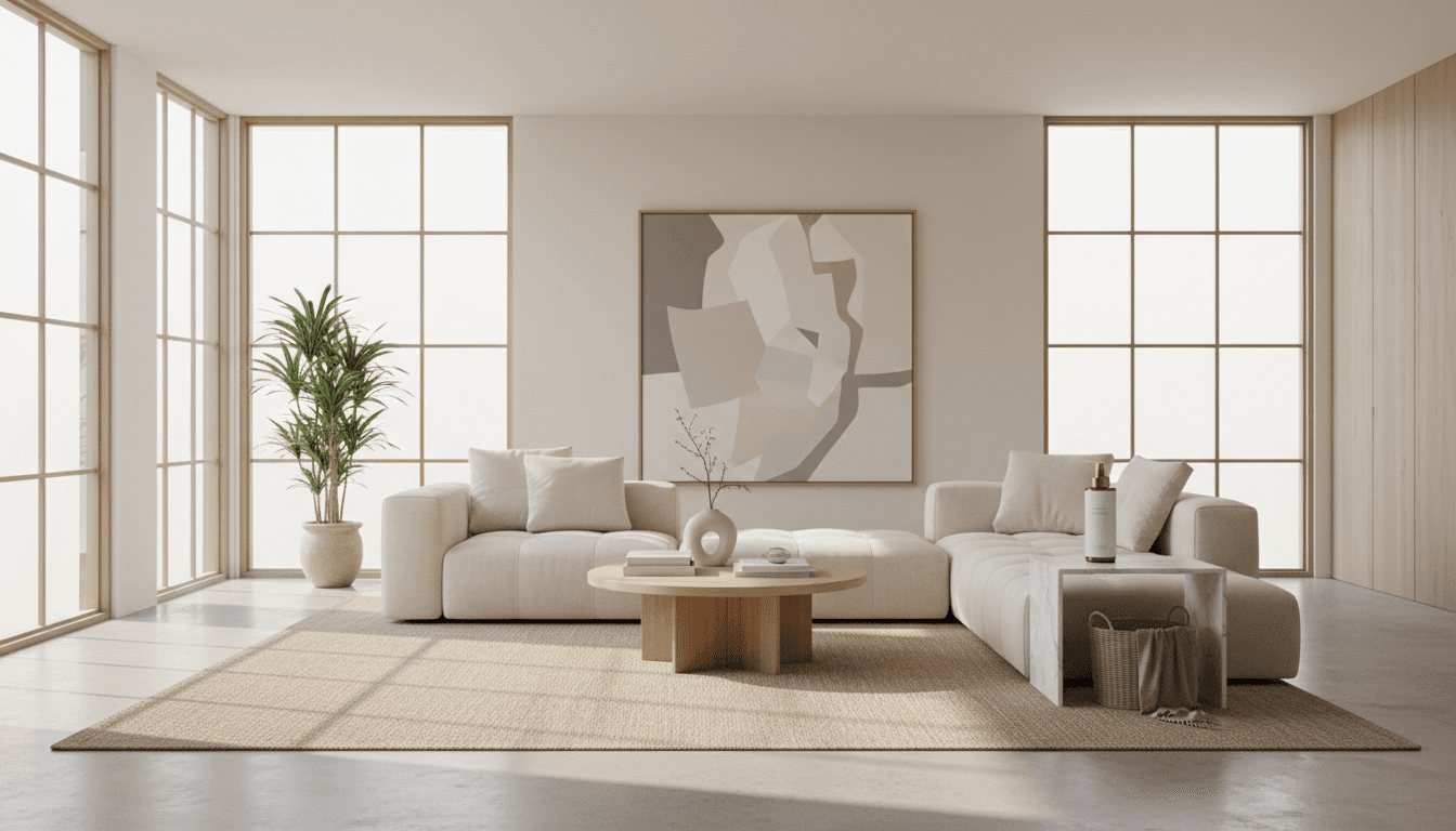 Bright, spotless living room with sunlit windows and neat furnishings