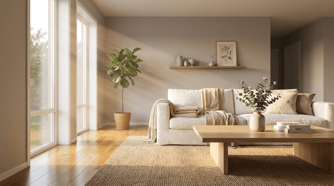 Friendly female cleaner smiling in a bright, spotless living room in Greenville