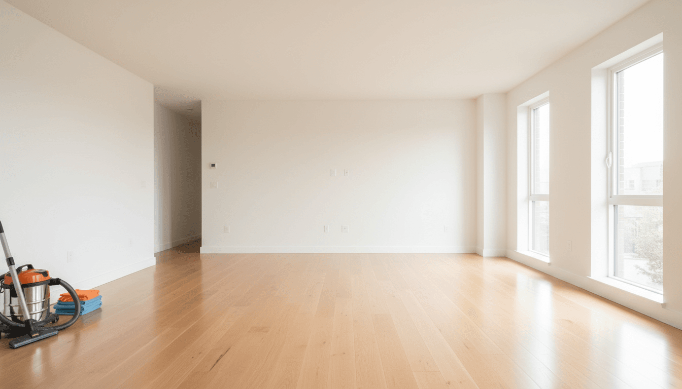 Empty living room gleaming after a move-out clean