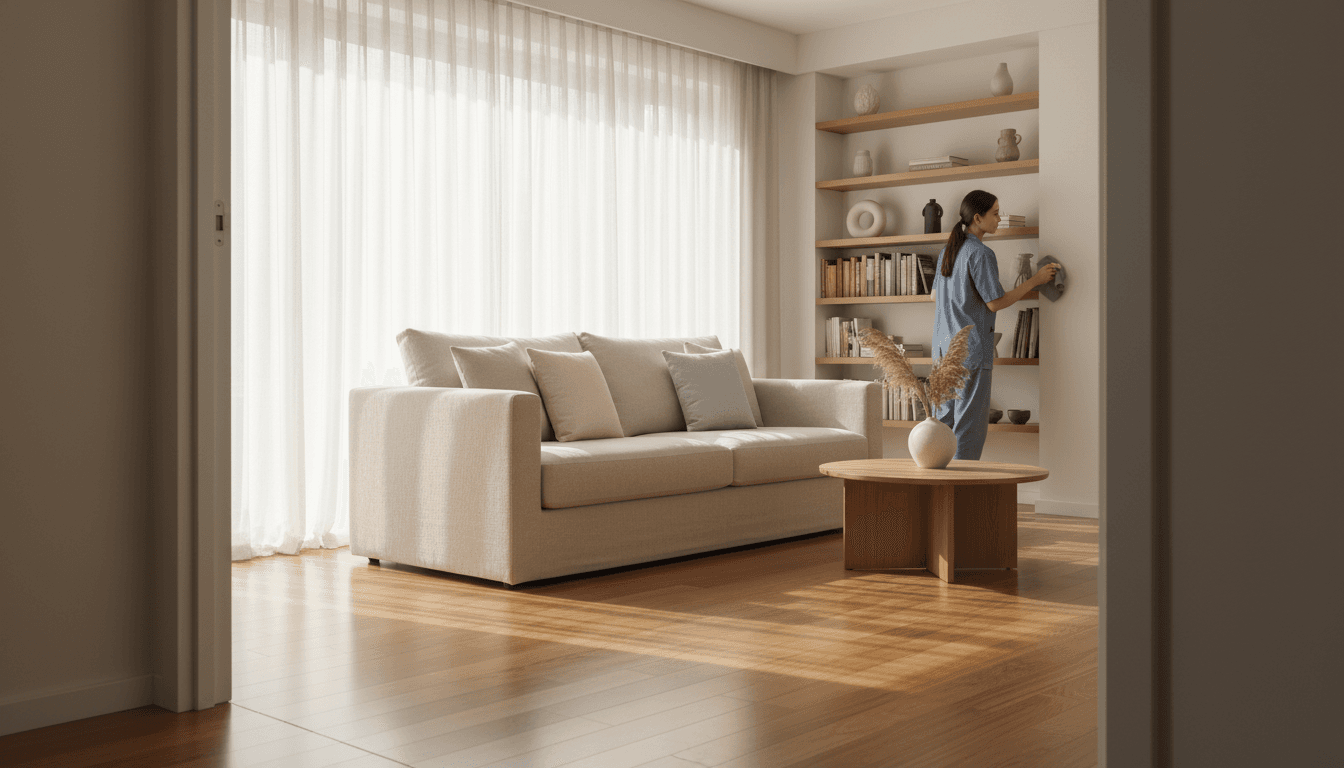 Sunlit living room freshly deep cleaned with gleaming floors