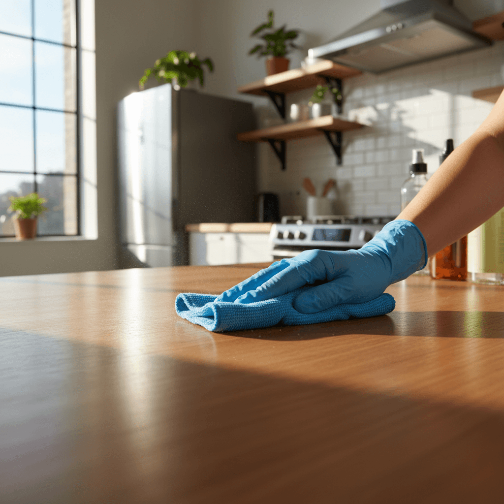Professional cleaner in a sunlit Greenville kitchen wiping a marble island, spray bottle and microfiber cloth in hand, gleaming stainless appliances and hardwood floors, documentary photo